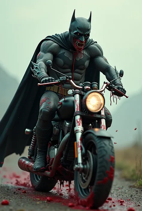 Horror bloody batman on her bike on wide mode