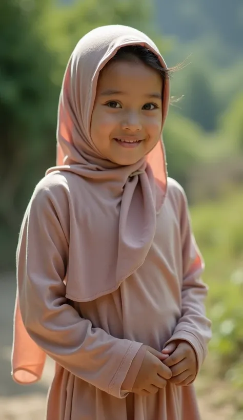  Young girls from Sundanese wearing a hijab ,  do not wear clothes and underwear, does not wear pants and skirts , naked, very beautiful, sweet, ultra HD, bright lighting,  outdoors , Realistic