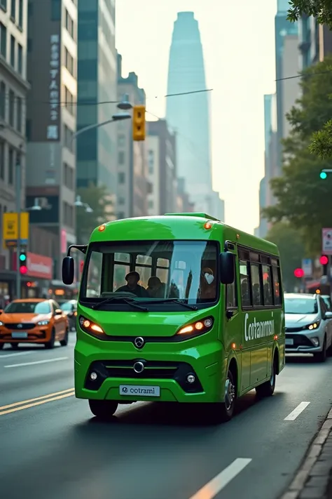 Green minibus with the name Cotrami on the road in traffic 