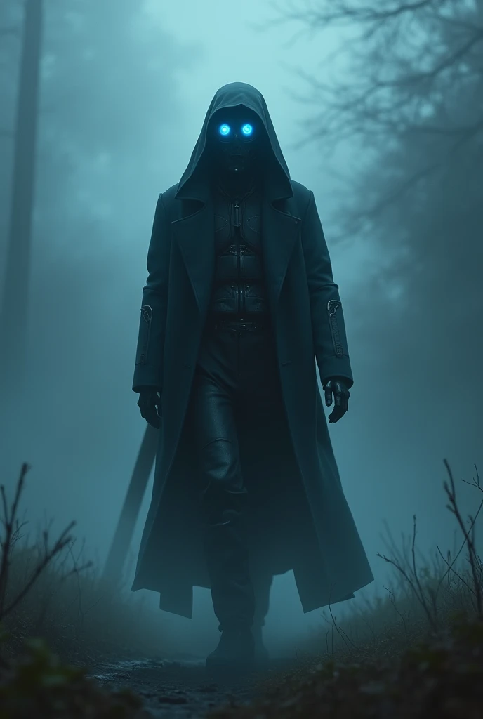 robot, making his way through the fog in the night ,  with a black coat and blue eyes.