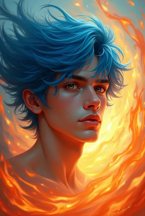 Blue hair beautiful teen man fire