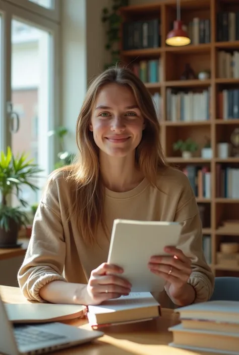 flat:  Close-up of a young student in a bright room ,  with a large window that lets in natural light .  The student is holding an English book in her hands ,  with an academic background showing a library or shelves with books .  The warm lighting creates...