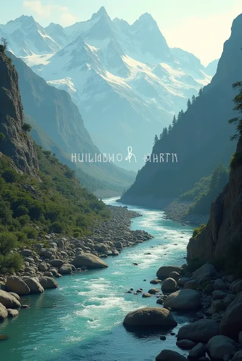 Create an image with the smaller word Huililco and Martyn showing a river rising from the mountains