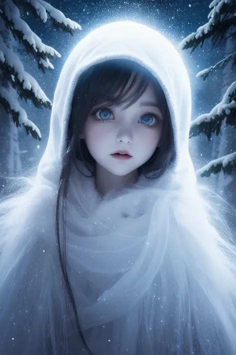 cartoon funny snowy ghost girl, big eyes, snow, crystal white moon, fir trees, mysticism, fantasy, gothic, canvas, magic, fantasy, soft lighting, haze, ink, drawing with colored ink, dark colors, wind, wisps of fog