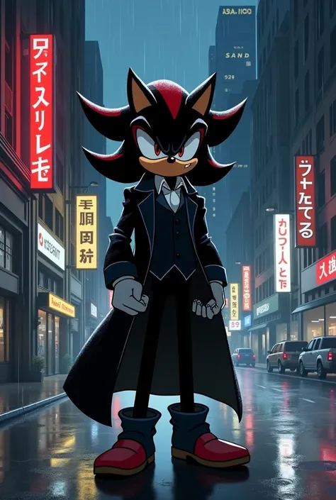  Shadow the Hedgehog dressed in an elegant suit and footwear and a long coat , with a serious expression.  With his hands in his pockets , looking in the other direction .  Standing on the sidewalk of an empty New York-style city at night while it rains. T...