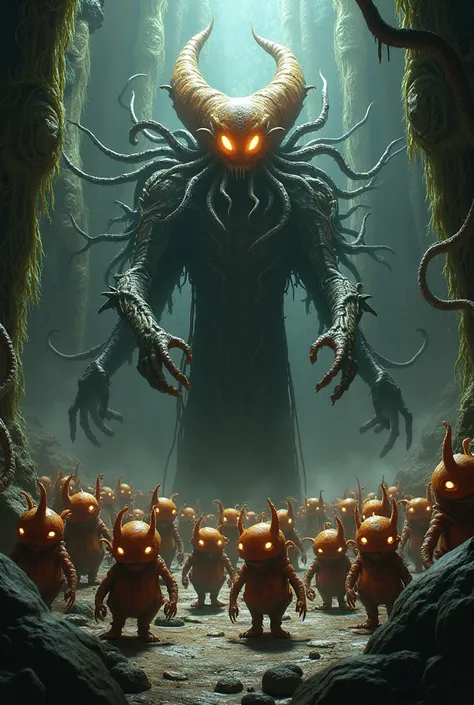 A group of Gnomopo aliens in a hive setting. They are gathered around a towering central queen figure, who is larger and more imposing than the rest. The queen has more tentacles extending from her body, with glowing veins of bioluminescent light. The othe...