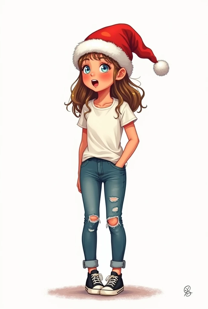 A super delicate girl, wearing a white shirt, ripped jeans and black sneakers. She looks surprised.  She has light brown hair and is wearing a Santa hat, rosy cheeks and a wide smile. white background. rens book style, stylized, colorful and textured illus...