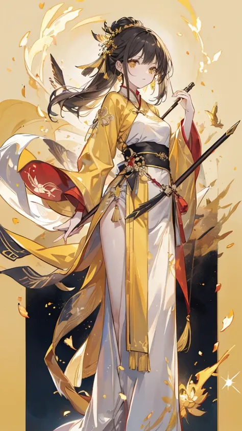 youth，Phoenix，yellow hanfu， Golden Chinese Armor，spear，simple background