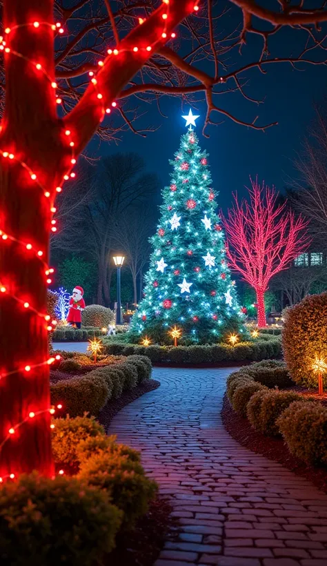   A Magical Garden Decorated for Christmas ,  Filled with bright, festively colored lights .  A Tree Wrapped in a Red Glowing Garland 々, green, green, Money and.  A small warm light outlines the winding path , Christmas figures , star,  and snowflakes shin...