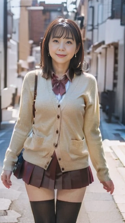 full body shot, from below,  japanese mature,  detailed face , smile, Facial wrinkles,  detailed skin texture ,  white skin,  heavy makeup, (plump body:1.5), (earrings, red bowtie, brown cardigan, red skirt, pleated skirt, micro miniskirt,black thighhighs:...