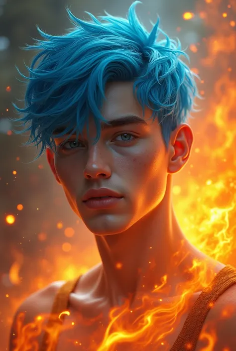 Blue hair beautiful teen man fire