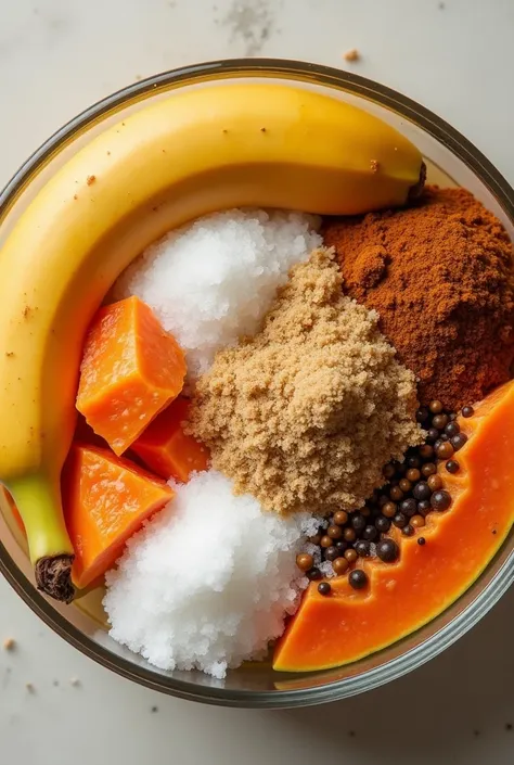 Adding epsom salt and molasses in a container together with the mashed banana and papaya

