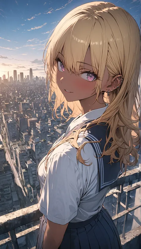 Masterpiece, high quality, high resolution, 16K, Makoto Shinkai illustration, background detail, young woman, flashy blonde hair, ear piercing, gal, tanned dark skin, long eyelashes, pretty eyes, sexy face, zettai ryouiki, school uniform, open button, look...