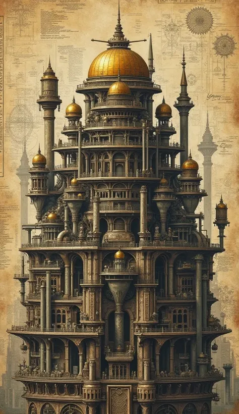 The illustration depicts an intricate steampunk cityscape composed of multiple layered mechanical structures, forming a complex and densely built futuristic metropolis. The central focus is on a large domed structure with golden-brown tones at its peak, su...