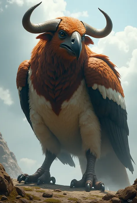 The giant bird is like a hawk, 5 meters high. Above its head, it has horns like a bull and has a plumage color similar to that of a cow.