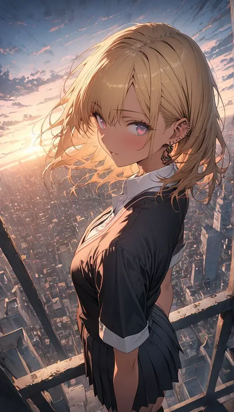 Masterpiece, High Definition, High Resolution, 16K, Makoto Shinkai Illustration, background detail, young woman, flashy blonde hair, pierced ears, gal, tanned dark skin, long eyelashes, pretty eyes, sexy face, above knee length black socks, school uniform,...