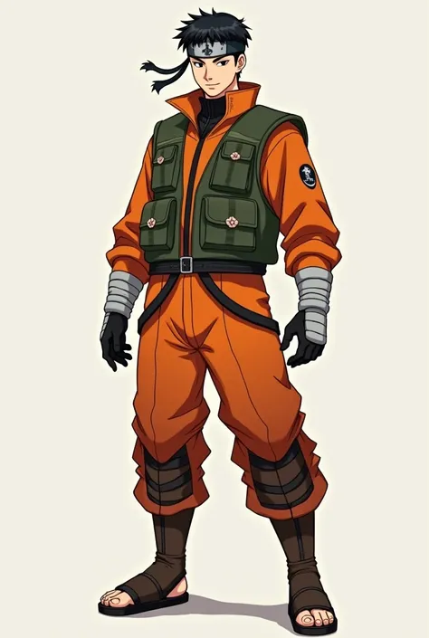 The blended male character embodies a combination of boundless energy and physical resilience. In terms of attire, the character wears an iconic orange jumpsuit with black accents, paired with a green military-style vest featuring several small utility poc...