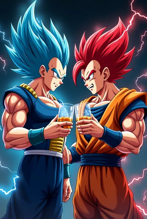 2 people,  male focus, Super Saiyan Blue Evolution Vegeta  &  Super Saiyan Red Red Haired Son Goku,  toasting each other with a whiskey glass,  Smiling at Each Other , Radiant , Holding whiskey in an electrically flowing ,  Black Pants ,  torn clothes , Ou...