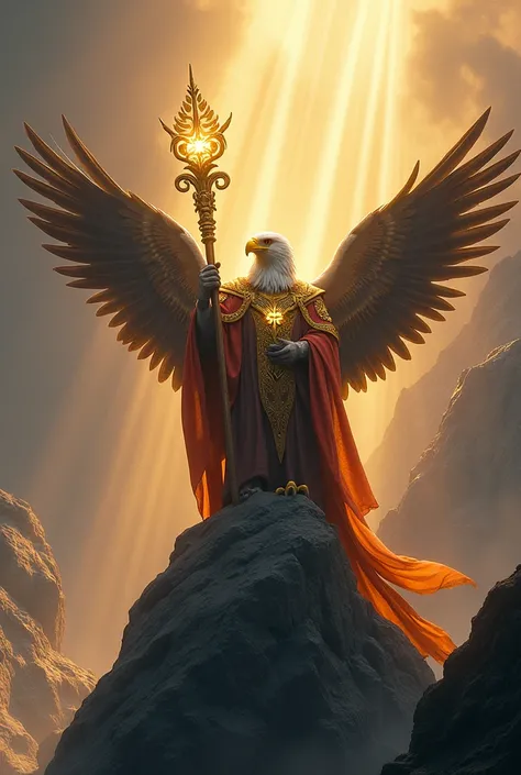 "A regal eagle dressed in holy robes with glowing golden accents, holding a radiant staff topped with a celestial emblem. The eagle stands atop a mountain, with beams of sunlight and divine energy illuminating the scene."