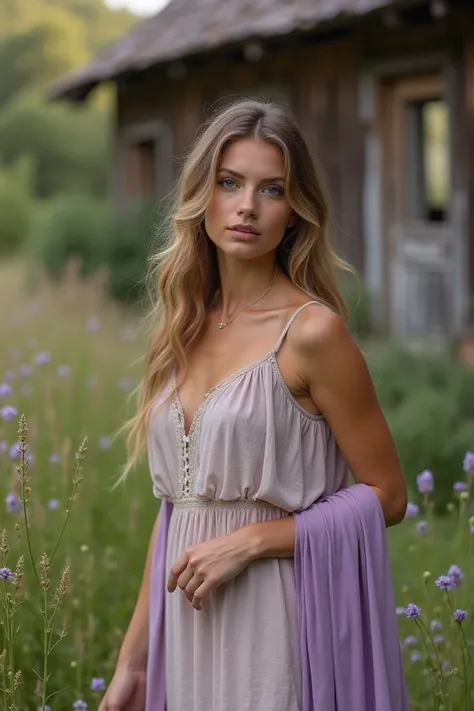 A countryside romance session with a model in rustic attire, posing in a meadow or beside a charming old barn, levender purple cloth color, photoshoot, super model pose, super realistic photo,hd