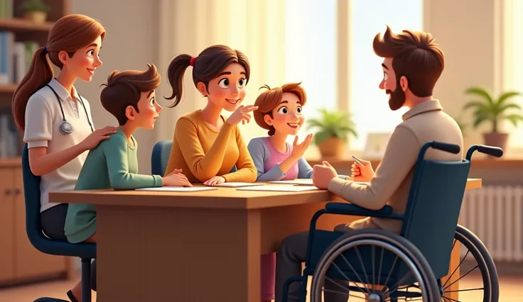 a semi realistic character sits at a desk, surrounded by a ren and a person with wheelchair happily chatting with a helper. 