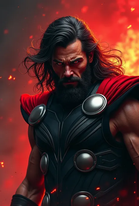 An aggressive picture of Thor with red eyes and black hair and with red and black background 