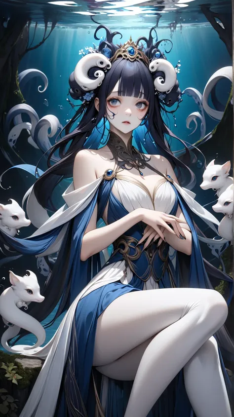 solo。
  realistic drawing。High image quality。 High Quality 。

 motif (
Inspired by the Greek mythology Scylla 。
 elegant 、An existence that gives a frightening impression。
）

hair( Dark 、 straight、 long）。
face（Droopy eyes:1.1）。 

Costume（ Dark 、 elegant 、d...