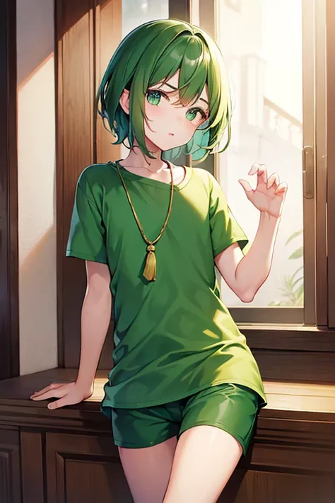 boy wearing tunic and green shorts, (beautiful detail eyes), ((best quality)), ((masterpiece))