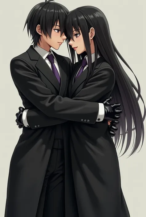 Live Action pre teen Asian boy with Long Flowing black Hair, Wearing a LONG Sleeved, Baggy Black Double Breasted Suit that reaches the ground over a Baggy White Dress shirt Properly Tucked in With The Sleeves cuffs Covering the Palms and Purple tie tied Ti...