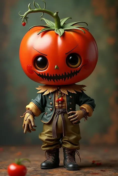 generate a kawaii chibi character image of (tomato fruit head) cute scarecrow with a horror fantasy theme, (hands on hips: 1.5), clothing should be very elaborate, elegant and visually striking rococo style, highly detailed leather boots , resembling digit...