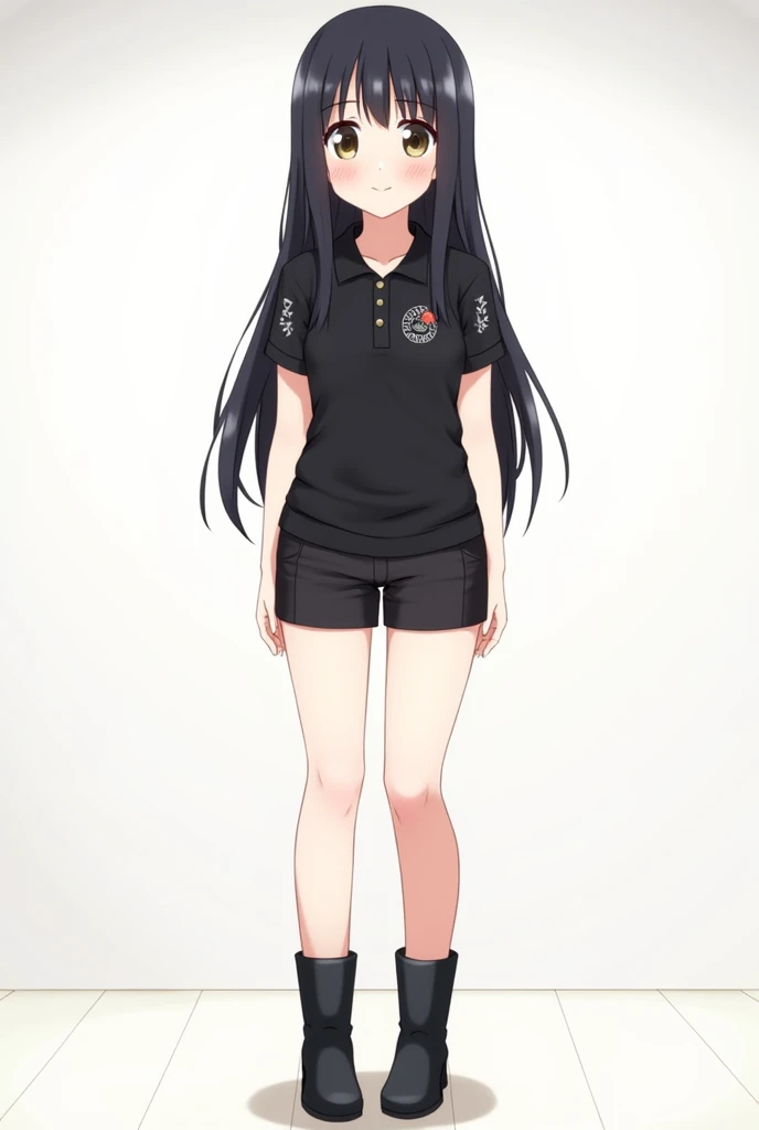 A cute anime girl with long, sleek black hair featuring light-colored highlights, wearing a black polo shirt with subtle designs on the sleeves and chest. She has an oval-shaped face with a bright complexion and light makeup. The character is wearing black...