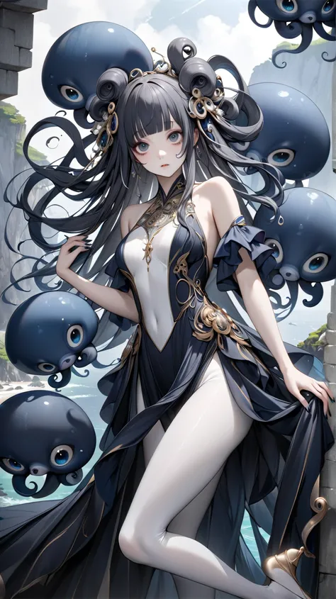 solo。
  realistic drawing。High image quality。 High Quality 。

 motif (
Inspired by the Greek mythology Scylla 。
 elegant 、An existence that gives a frightening impression。
）

hair( Dark 、 straight、 long）。
face（Droopy eyes:1.1）。 

Costume（ Dark 、 elegant 、d...