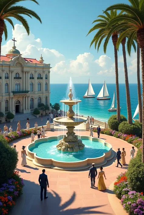 Photo dune magnifique fontaine sculptée, à la façade blanche, remplie de belles fleurs, au milieu de la magnifique promenade des Anglais à Nice , ensoleillée et remplie de belles fleurs et de magnifiques pins parasols, à côté dun magnifique hôtel palace mé...