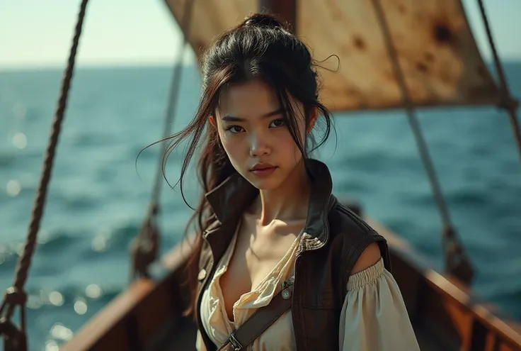 Aerial photography, 2025 calendar cover, 20-year-old super beautiful Japanese female pirate , Beautiful female pirate standing on the deck of an old sailboat pirate ship。 pictures of super beautiful and cute Japanese female pirates that are a big hit aroun...