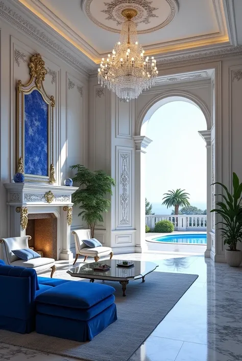 Create a stunning italian style marble based living room opening up to a pool in a mansion. The living room should look luxurious and stunning with royal blue, white and off white colors.