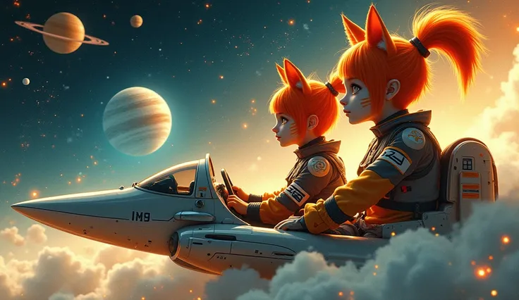 a female girl and is a male boy, both 18 years old feline style orange hair high topknot, cat ears, face painted in white and orange color. piloting a futuristic space vehicle, on a journey through outer space. The vehicles design is inspired by the spaces...