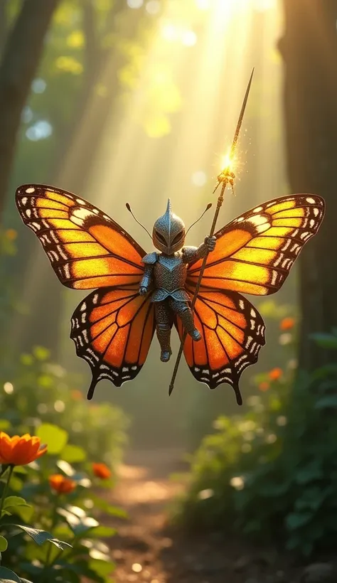 A tiny knight clad in shimmering crystal armor, wielding a glowing lance, soars atop a butterfly with vibrant, intricate wings. The butterflys wings display detailed patterns in vivid colors, reflecting the golden sunlight filtering through a lush, enchant...