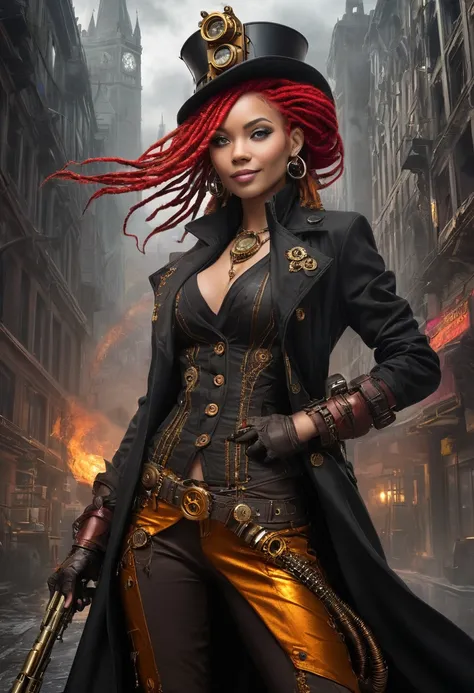 A ravishing steampunk siren with vibrant dreadlocks and a fiery red hat stands triumphantly in the midst of a haunting Gothic metropolis, her long flowing black jacket billowing behind her like a dark cloud. Her enigmatic smile hints at a playful and adven...