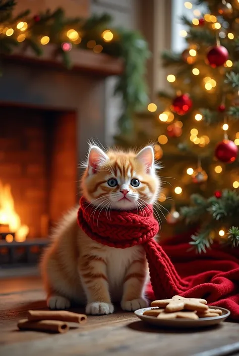 A cute kitten baby, wearing a red woolen scarf, sits next to a sparkling Christmas tree in a rustic, cozy living room. The tree is adorned with golden ornaments, red baubles, and a shining star on top. Near the kitten, theres a lit fireplace and a plate of...