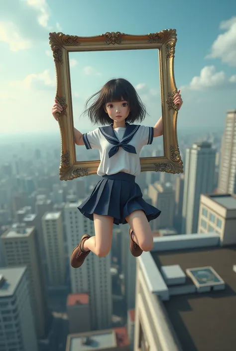 A schoolgirl holding a wall frame with her legs facing down on the roof of a building and hanging with arm strength 