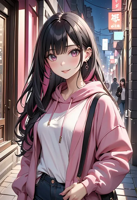 ((masterpiece)), newest, absurdres, safe, (beautiful girl), woman, anime girl, anime, ((long black smooth stright hair with bangs)), (smoth hair), black dark hair, ((black hair under pink color mixed)), (bautiful detailed hair), beautifull pink eyes, her e...