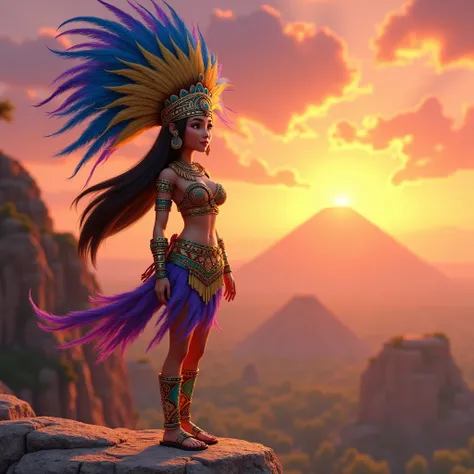 Create 3D cartoon, Pixar style, a beautiful Asian woman adorned in a traditional Aztec costume. The centerpiece of the attire is an elaborate headdress featuring a multitude of feathers in vibrant colors, predominantly blue, purple,yellow and green. She is...