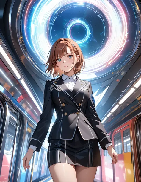 time tunnel, warp, (Time-Traveling Train), masterpiece:1.5, masterpiece, highest quality, (Misaka Mikoto), UHD, retina, masterpiece, accurate anatomy, textured skin, super detailed, high quality, best quality,  highres icon, 8k