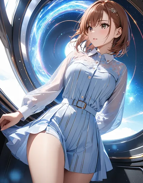 time tunnel, warp, (Time-Traveling Train), masterpiece:1.5, masterpiece, highest quality, (Misaka Mikoto), UHD, retina, masterpiece, accurate anatomy, textured skin, super detailed, high quality, best quality,  highres icon, 8k