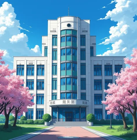  A huge anime-style school To Love Ru , The school consists of 4 floors ,  the school is white with tinted blue windows ,  surrounded by trees and few cherry trees in the city of Tokyo during the afternoon.  High resolution,  masterpiece,  Best Quality ,  ...