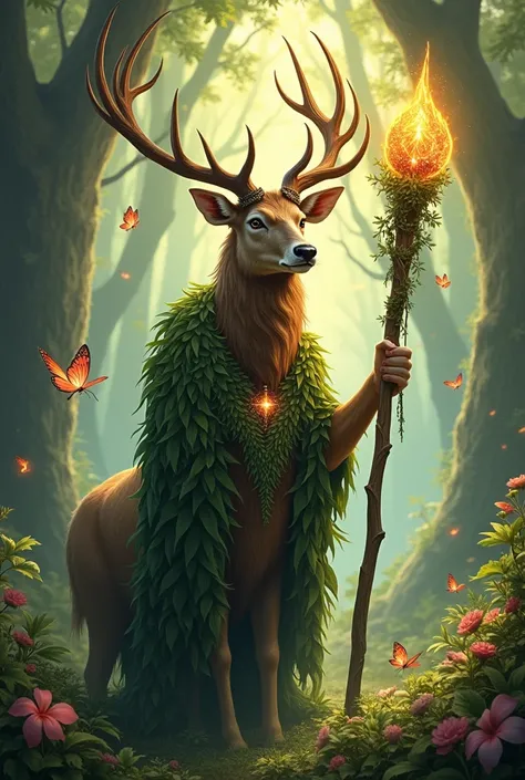 "A noble stag adorned in natural, leafy robes, holding a glowing wooden staff covered in vines. The stag stands in a magical forest, surrounded by glowing butterflies, enchanted flowers, and beams of soft light filtering through the trees."