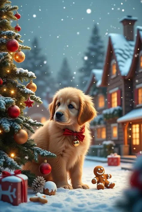 A fluffy golden retriever puppy, wearing a red bow and bells, explores a magical Christmas village where houses are covered in snow and decorated with twinkling lights. By the central Christmas tree in the town square, the puppy is helping hang ornaments. ...