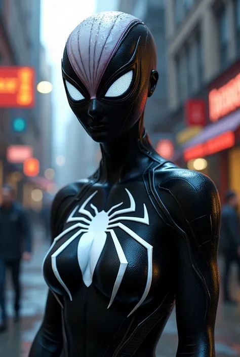 spider Gwen in a black suit with spider in the center of her chest in white, organic looking outfit, gooey forehead, symbiote, white eyes, fine art, ps5 cinematic screenshot,highly detailed detailed cinematic rendering, ultra photorealistic raytricing, wit...