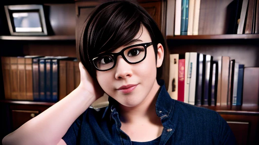  Mei Overwatch in revealing clothes, photo,  high quality , detail, background bookshelves ,  library.  May from Oveowatch wearing glasses ,  Beautiful,  sexy 