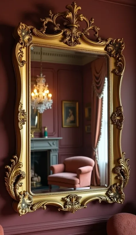 An intricately carved, gold-framed mirror mounted on a wall in an opulent Victorian living room. The mirror reflects part of a plush velvet sofa, a crystal chandelier, and heavy draped curtains. Soft, warm lighting from a nearby fireplace highlights the fr...